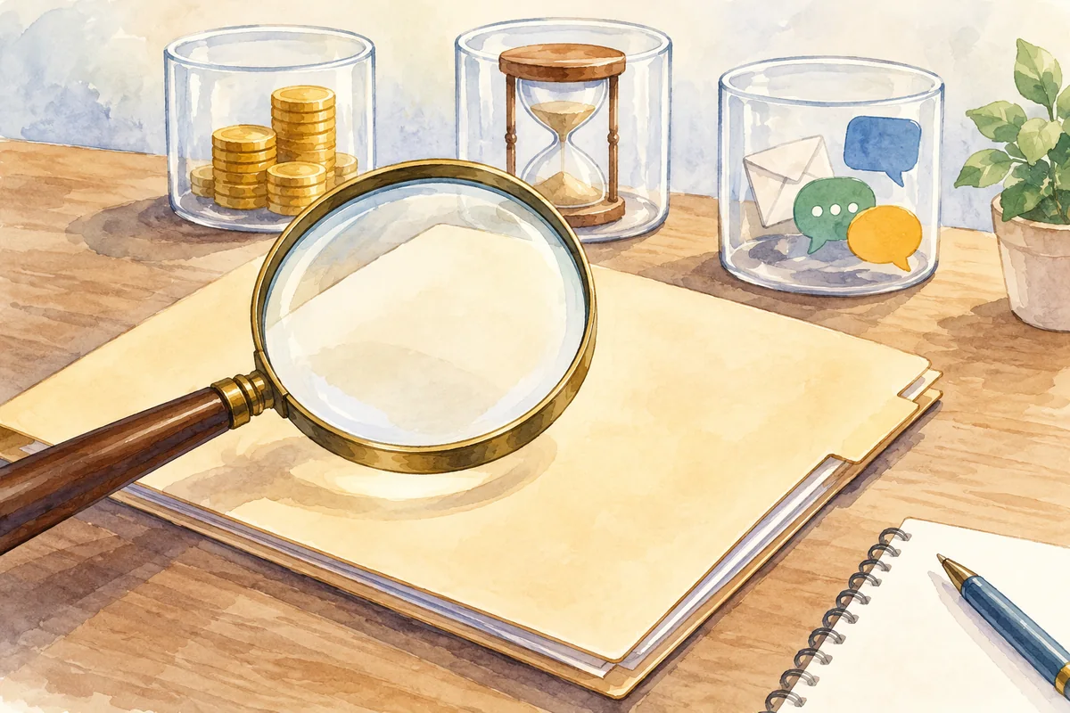 A magnifying lens above a plain proposal folder, with separate transparent containers for cost, timing and message type represented by objects — detail view