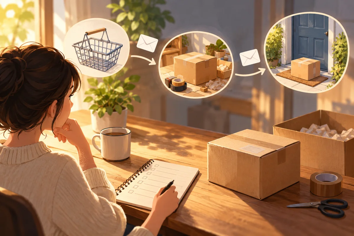 An order parcel moving between an empty shopping basket, packing desk and delivery doorstep with small message envelopes at the transitions &mdash; detail view