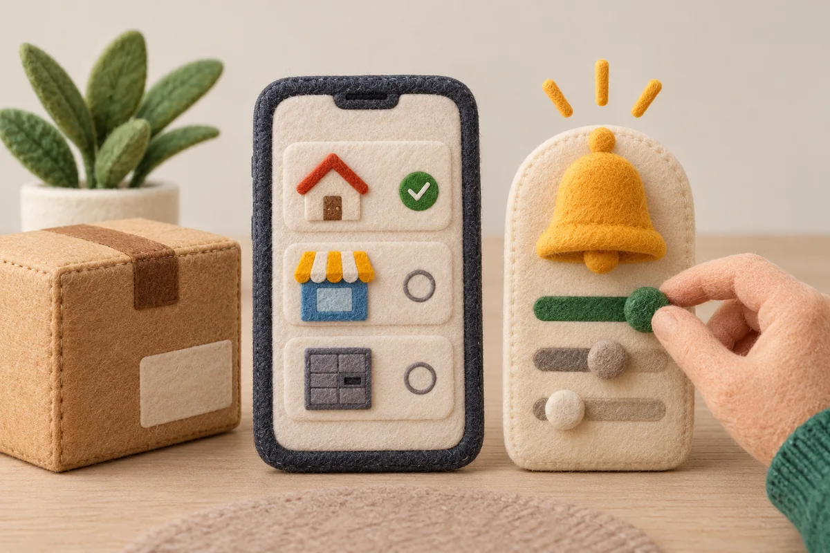 A courier parcel beside a phone and a tidy adjustable notification bell mechanism — detail view