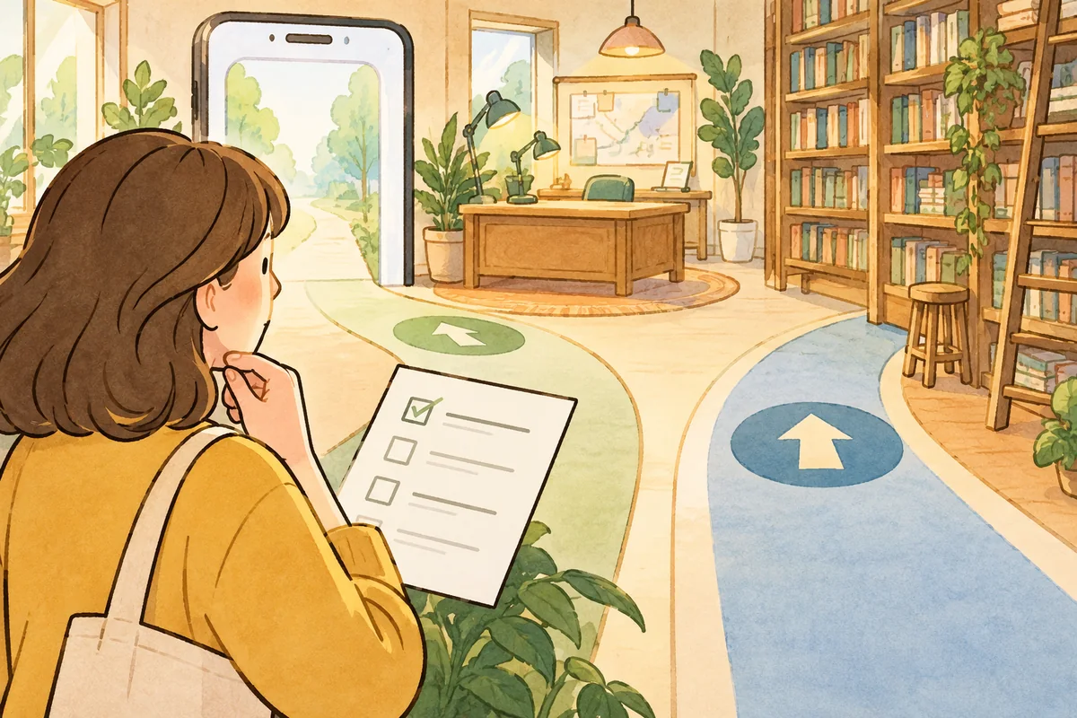 A welcoming editorial reading room with a phone-shaped doorway and two clear paths toward a planning desk and book shelves &mdash; detail view