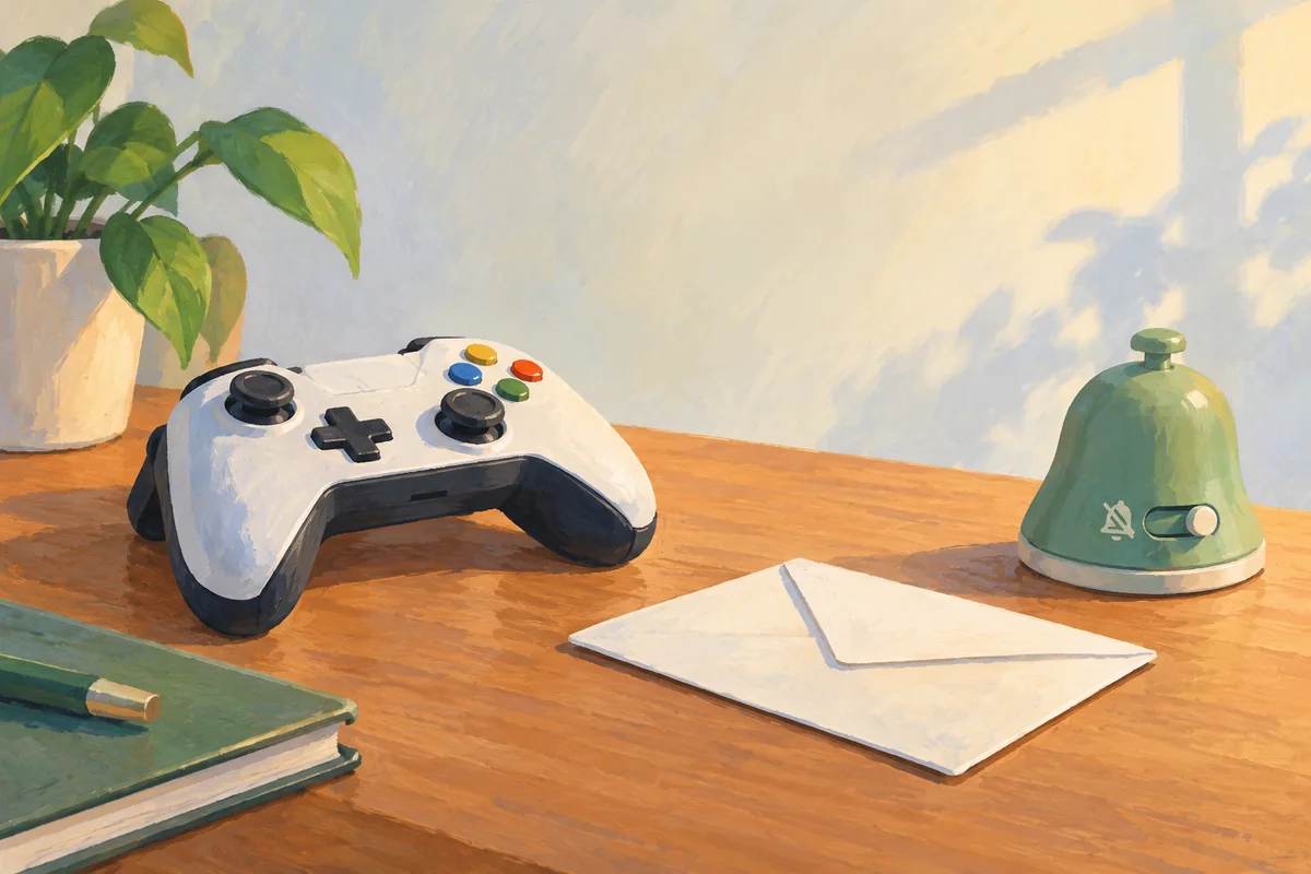 A game controller, a closed envelope and an adjustable quiet notification bell on a calm desk — detail view