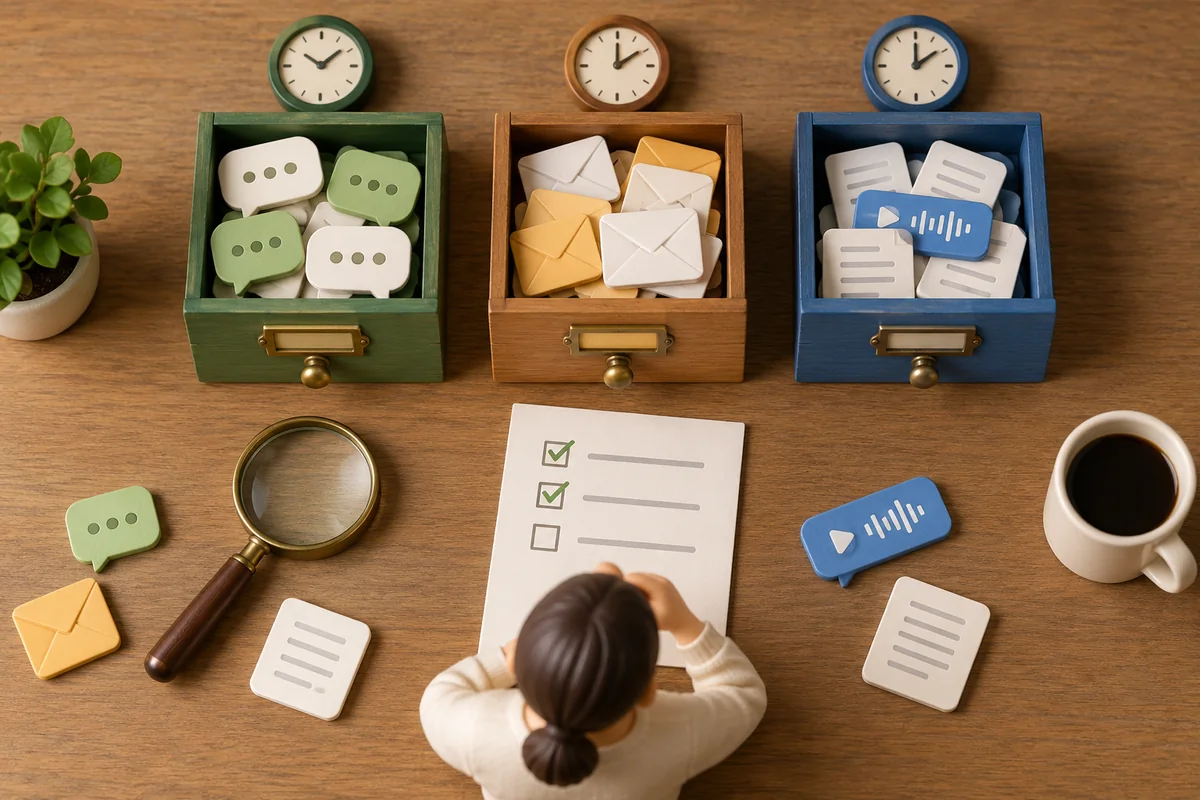 Three physically distinct archival drawers holding different message tokens with a small clock above each &mdash; detail view