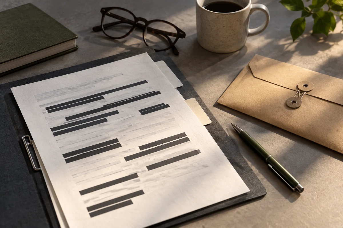 A carefully redacted paper report beside a phone and a sealed private envelope kept outside the report folder &mdash; detail view