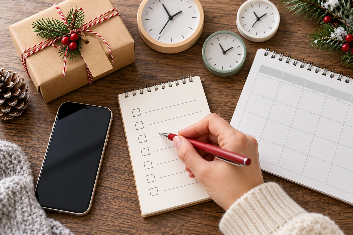 A winter holiday parcel and a phone beside several unnumbered clock dials and a blank planning calendar &mdash; detail view