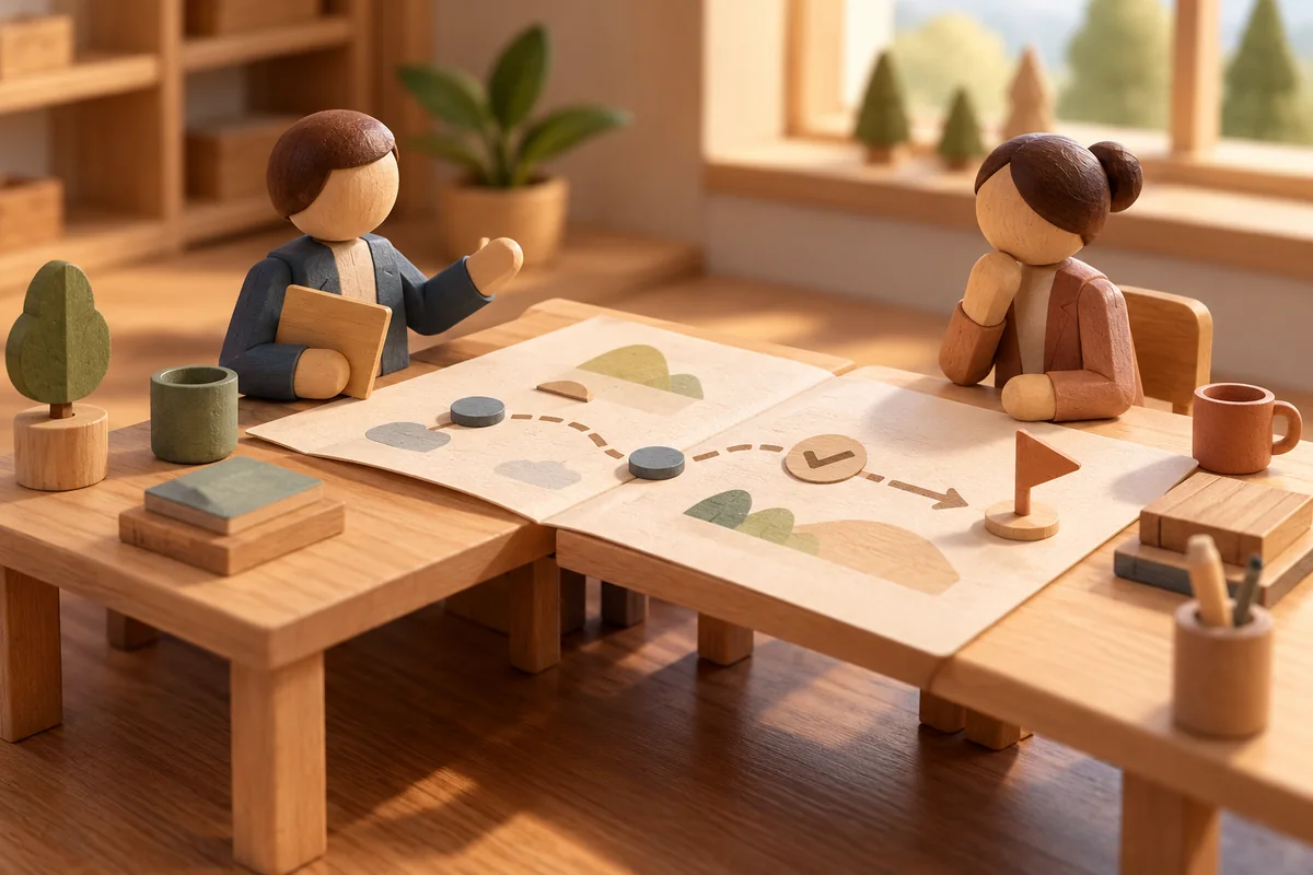 Two professional work tables connected by a shared open planning document and two distinct key holders — detail view