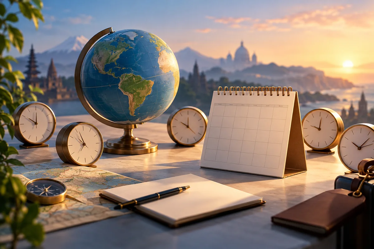 A globe, a blank holiday calendar and several softly lit clock faces arranged in a broad circular still life — detail view